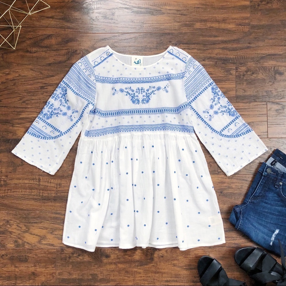 Mermaid • Anthropologie Meadowbrook blouse embroidered tunic top white cotton - Picture 2 of 12